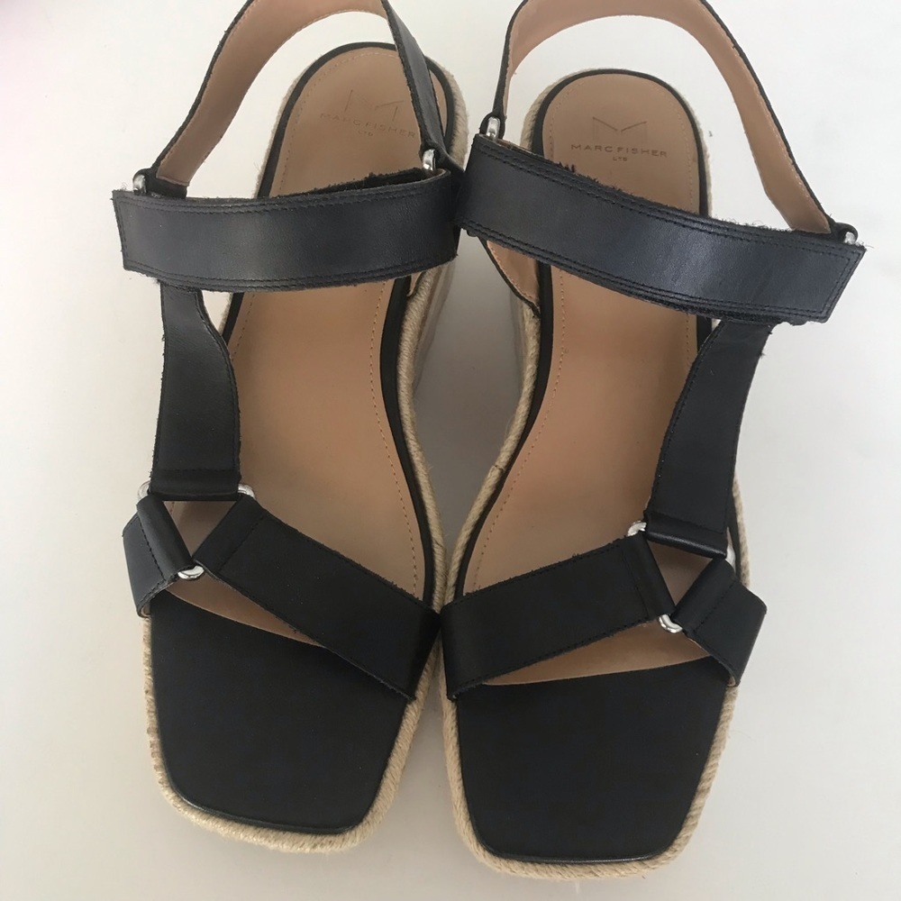 Marc Fisher Espadrille 3.5 platform wedge strap leather sandals black size 10M